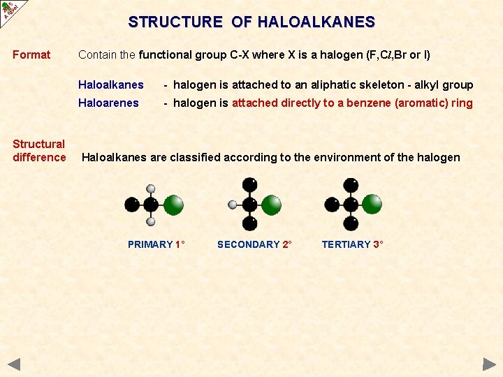 STRUCTURE OF HALOALKANES Format Structural difference Contain the functional group C-X where X is