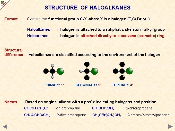 STRUCTURE OF HALOALKANES Format Structural difference Contain the functional group C-X where X is