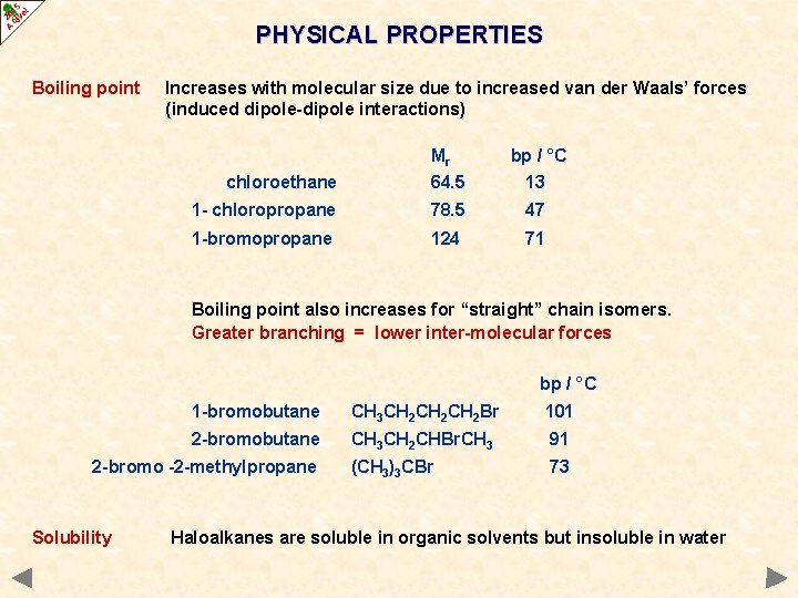 PHYSICAL PROPERTIES Boiling point Increases with molecular size due to increased van der Waals’