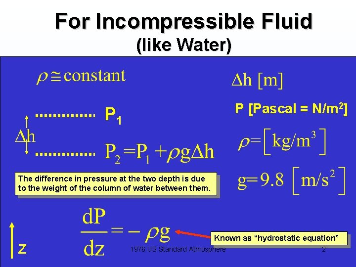 For Incompressible Fluid (like Water) P [Pascal = N/m 2] P 1 The difference
