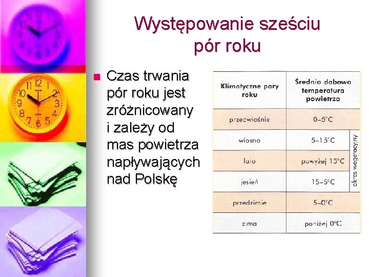 Występowanie sześciu pór roku n Czas trwania pór roku jest zróżnicowany i zależy od Występowanie sześciu pór roku n Czas trwania pór roku jest zróżnicowany i zależy od