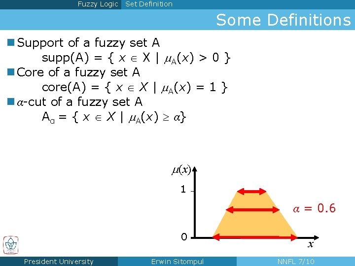 Fuzzy Logic Set Definition Some Definitions n Support of a fuzzy set A supp(A)