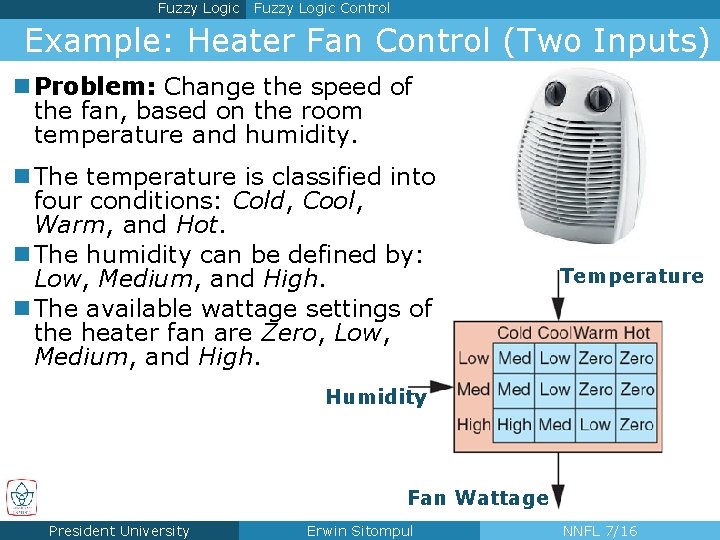 Fuzzy Logic Control Example: Heater Fan Control (Two Inputs) n Problem: Change the speed