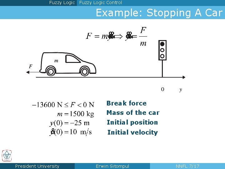 Fuzzy Logic Control Example: Stopping A Car Break force Mass of the car Initial
