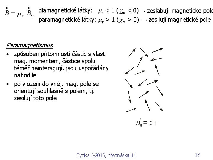  diamagnetické látky: mr < 1 (cm < 0) → zeslabují magnetické pole paramagnetické