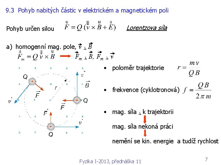 9. 3 Pohyb nabitých částic v elektrickém a magnetickém poli Lorentzova síla Pohyb určen