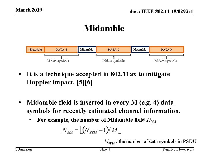 March 2019 doc. : IEEE 802. 11 -19/0293 r 1 Midamble Preamble DATA_1 M