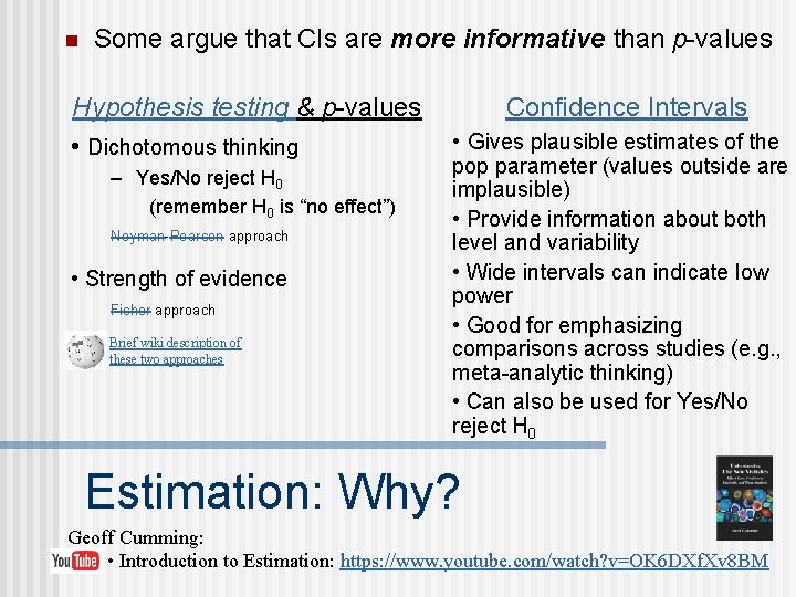 n Some argue that CIs are more informative than p-values Hypothesis testing & p-values