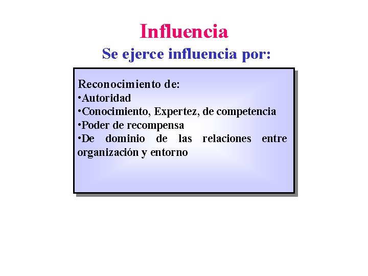 Influencia Se ejerce influencia por: Reconocimiento de: • Autoridad • Conocimiento, Expertez, de competencia