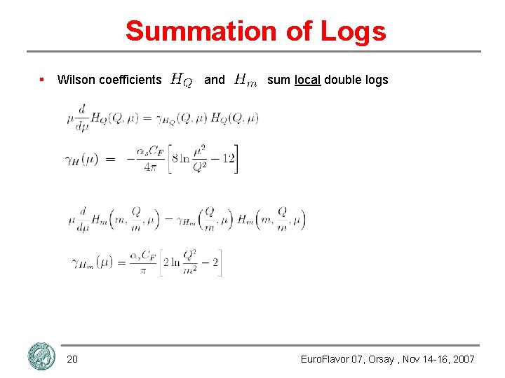 Summation of Logs § Wilson coefficients 20 and sum local double logs Euro. Flavor