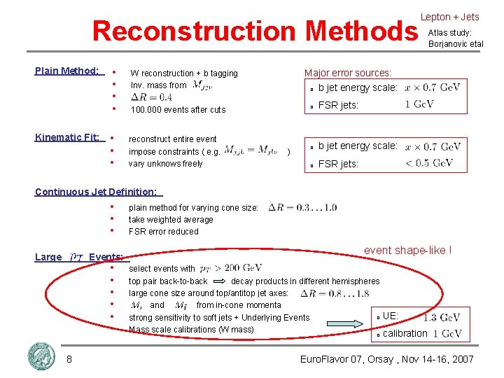 Reconstruction Methods Plain Method: Kinematic Fit: • • W reconstruction + b tagging Inv.