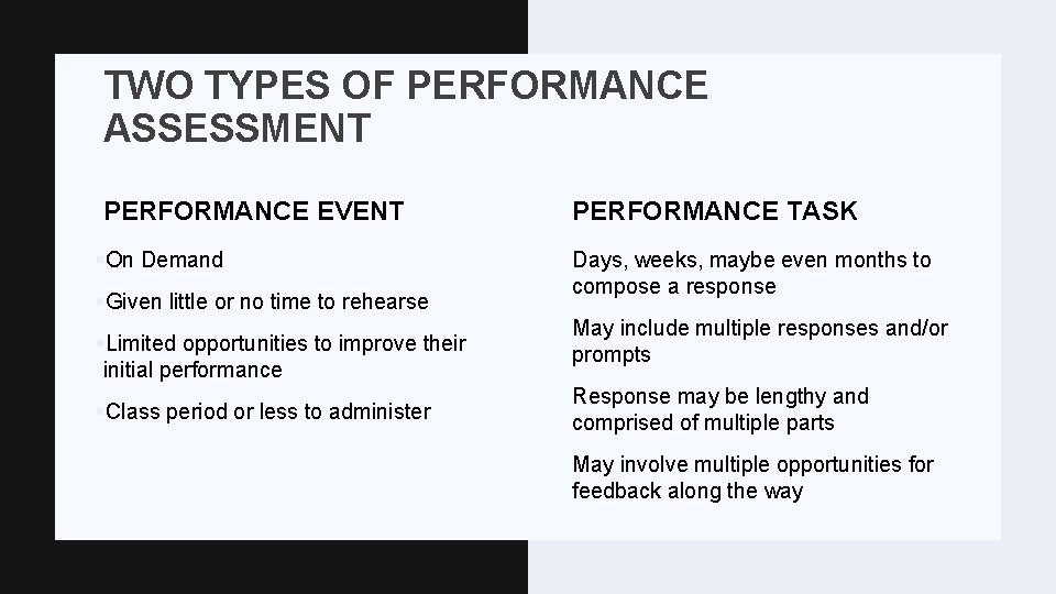 TWO TYPES OF PERFORMANCE ASSESSMENT PERFORMANCE EVENT §On Demand §Given little or no time