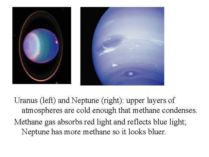 Uranus (left) and Neptune (right): upper layers of atmospheres are cold enough that methane