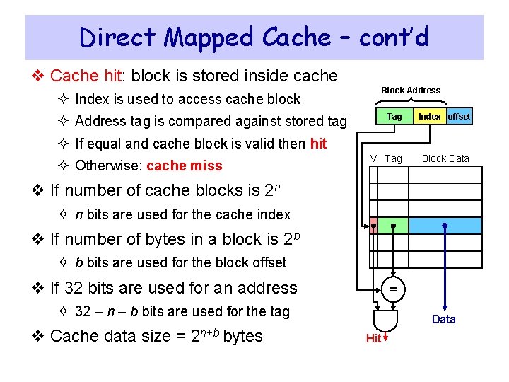 Direct Mapped Cache – cont’d v Cache hit: block is stored inside cache Block Direct Mapped Cache – cont’d v Cache hit: block is stored inside cache Block