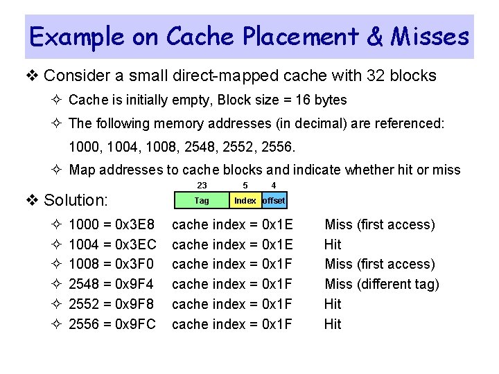Example on Cache Placement & Misses v Consider a small direct-mapped cache with 32 Example on Cache Placement & Misses v Consider a small direct-mapped cache with 32