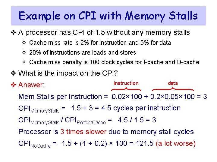 Example on CPI with Memory Stalls v A processor has CPI of 1. 5 Example on CPI with Memory Stalls v A processor has CPI of 1. 5