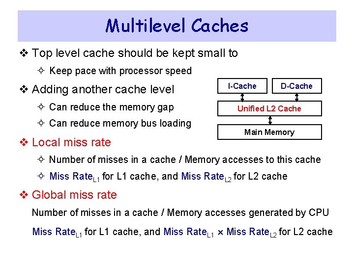 Multilevel Caches v Top level cache should be kept small to ² Keep pace Multilevel Caches v Top level cache should be kept small to ² Keep pace