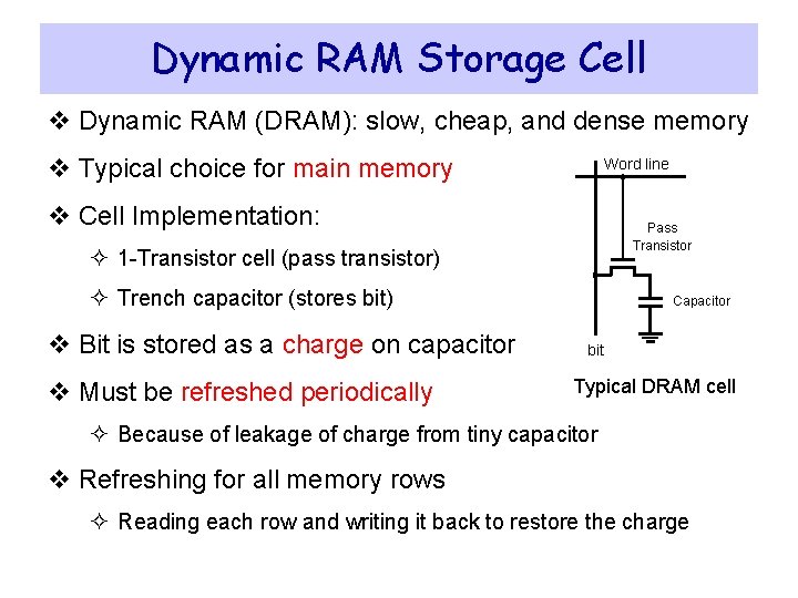 Dynamic RAM Storage Cell v Dynamic RAM (DRAM): slow, cheap, and dense memory v Dynamic RAM Storage Cell v Dynamic RAM (DRAM): slow, cheap, and dense memory v