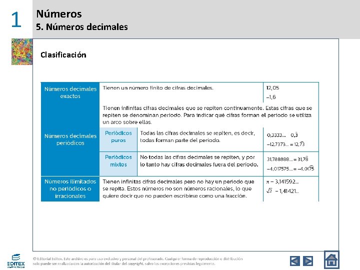 1 Números 5. Números decimales Clasificación 