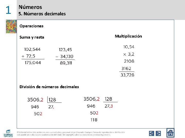 1 Números 5. Números decimales Operaciones Suma y resta División de números decimales Multiplicación