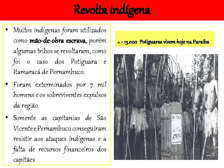 Revolta indígena • Muitos indígenas foram utilizados como mão-de-obra escrava, porém algumas tribos se