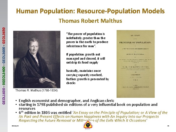 Human Population: Resource-Population Models GEOL 1600 - 0 GEOL 3400 - GEOL 3650 Thomas