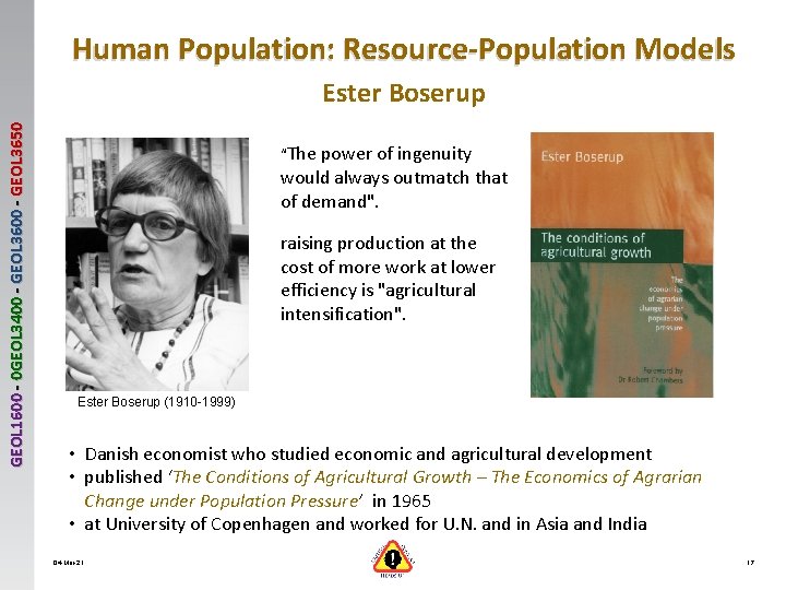 Human Population: Resource-Population Models GEOL 1600 - 0 GEOL 3400 - GEOL 3650 Ester