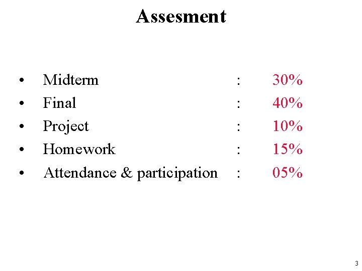 Assesment • • • Midterm Final Project Homework Attendance & participation : : :
