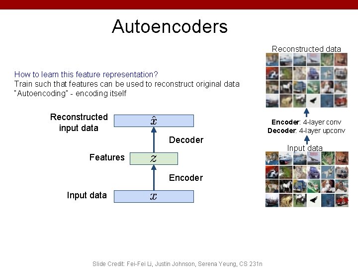 Autoencoders Reconstructed data How to learn this feature representation? Train such that features can