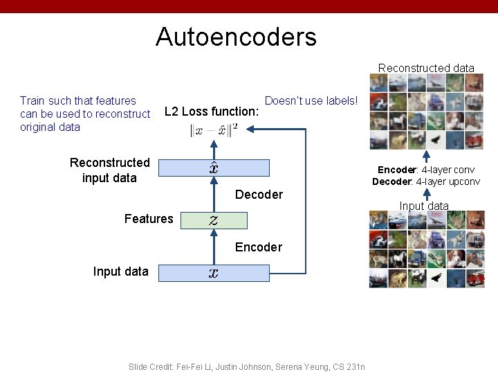 Autoencoders Reconstructed data Train such that features can be used to reconstruct original data