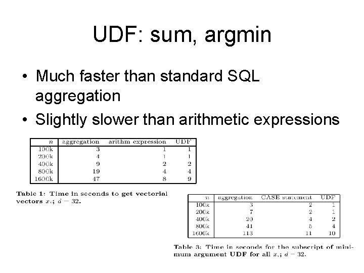 UDF: sum, argmin • Much faster than standard SQL aggregation • Slightly slower than