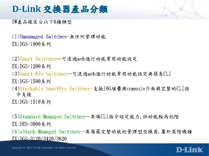 D-Link 交換器產品分類 SW產品線區分以下6種類型 (1)Unmanaged Switches-無任何管理功能 EX: DGS-1000系列 (2)Smart Switches—可透過web進行功能常用功能設定 EX: DGS-1200系列 (3)Smart Pro Switches—可透過web進行功能常用功能設定與簡易CLI