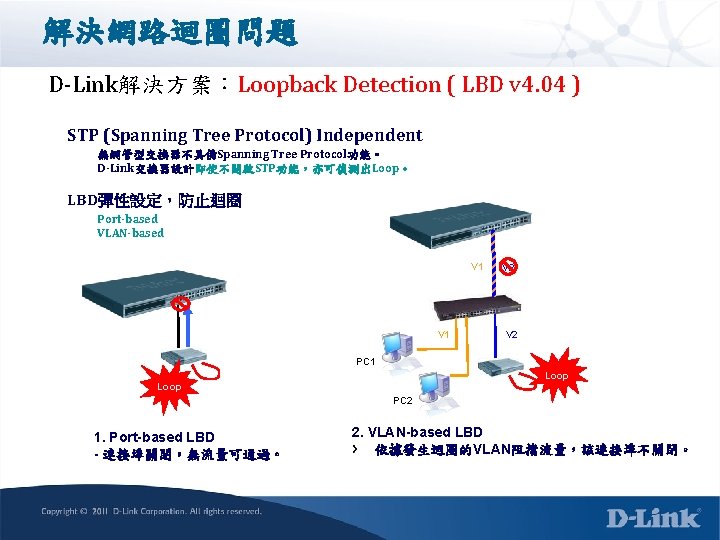 解決網路迴圈問題 D-Link解決方案：Loopback Detection ( LBD v 4. 04 ) STP (Spanning Tree Protocol) Independent