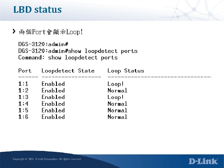 LBD status 兩個Port會顯示Loop! 