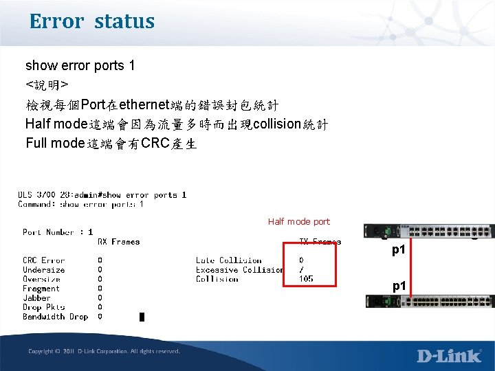 Error status show error ports 1 <說明> 檢視每個Port在ethernet端的錯誤封包統計 Half mode這端會因為流量多時而出現collision統計 Full mode這端會有CRC產生 Half mode