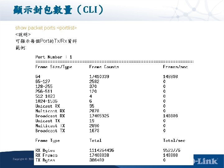 顯示封包數量（CLI） show packet ports <portlist> <說明> 可顯示每個Port的Tx/Rx資料 範例: 