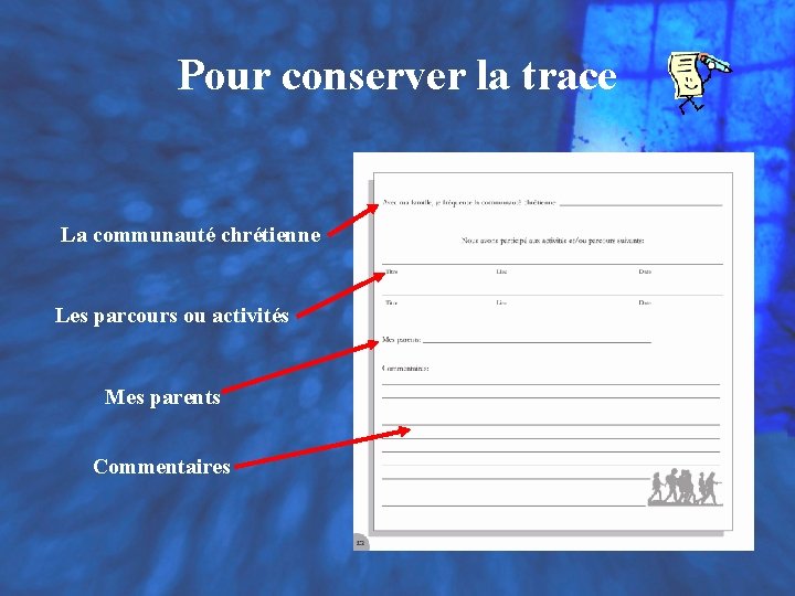 Pour conserver la trace La communauté chrétienne Les parcours ou activités Mes parents Commentaires