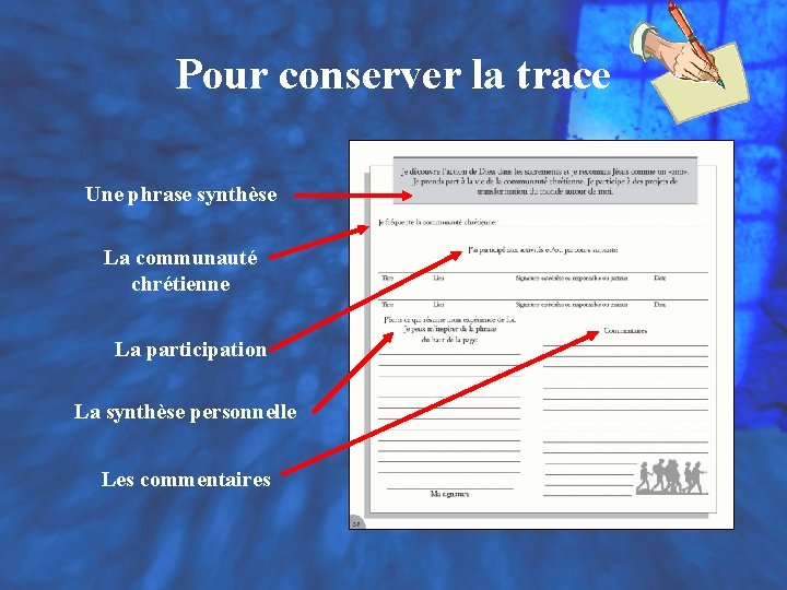 Pour conserver la trace Une phrase synthèse La communauté chrétienne La participation La synthèse