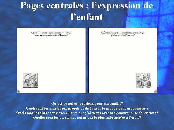 Pages centrales : l’expression de l’enfant Qu’est-ce qui est précieux pour ma famille? Quels