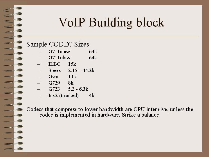 Vo. IP Building block Sample CODEC Sizes – – – – G 711 alaw