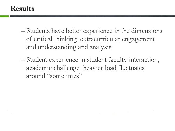 Results – Students have better experience in the dimensions of critical thinking, extracurricular engagement Results – Students have better experience in the dimensions of critical thinking, extracurricular engagement