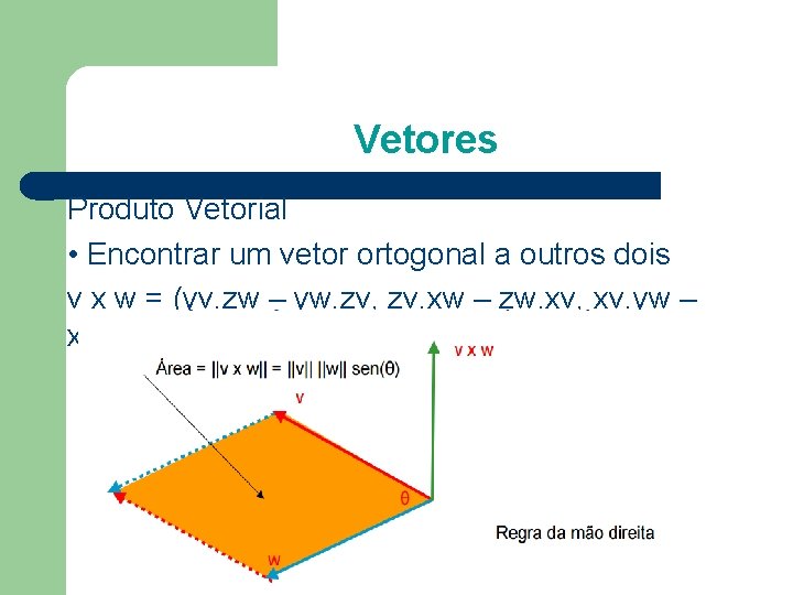 Vetores Produto Vetorial • Encontrar um vetor ortogonal a outros dois v x w