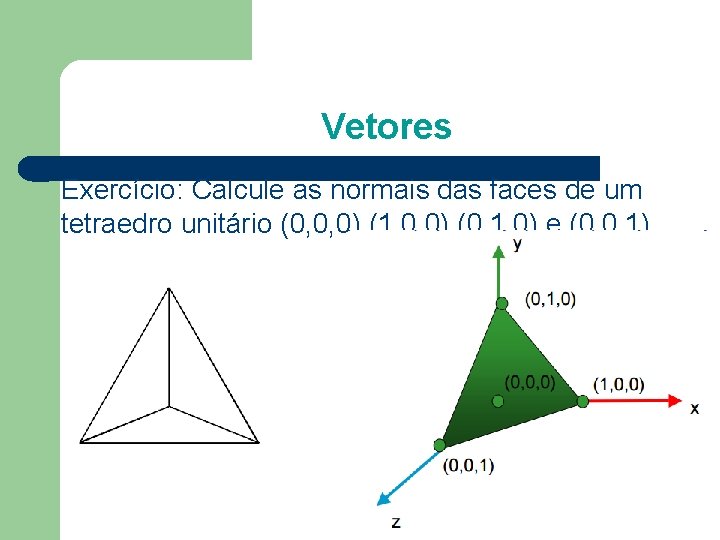 Vetores Exercício: Calcule as normais das faces de um tetraedro unitário (0, 0, 0)