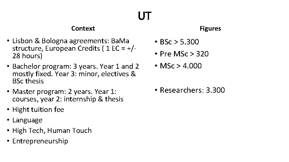 UT Context • Lisbon & Bologna agreements: Ba. Ma structure, European Credits ( 1