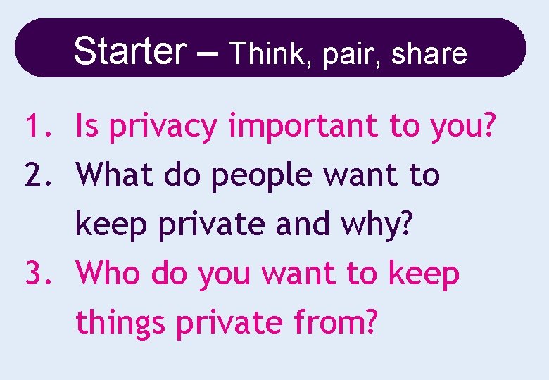 Starter – Think, pair, share 1. Is privacy important to you? 2. What do