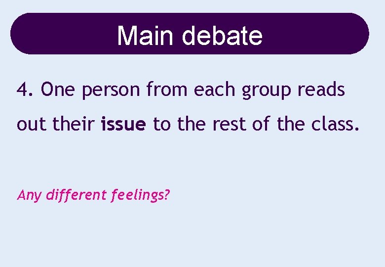 Main debate 4. One person from each group reads out their issue to the