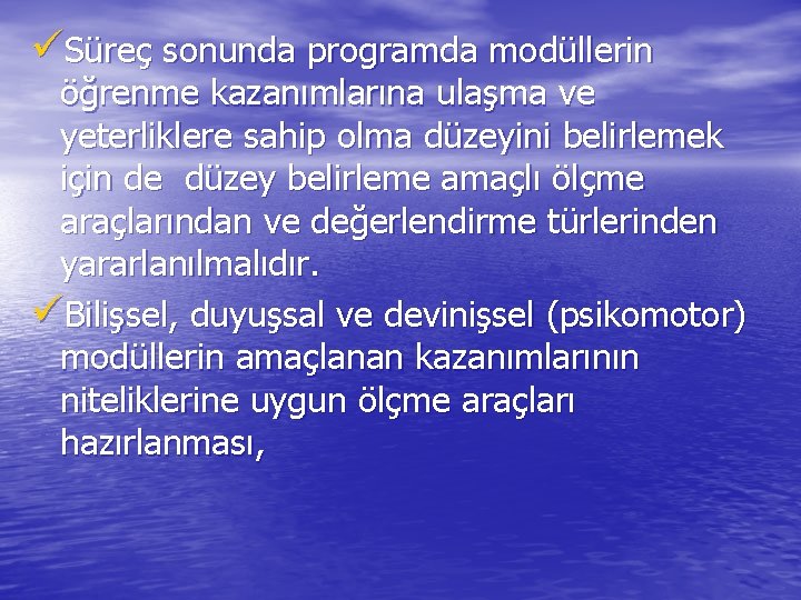 üSüreç sonunda programda modüllerin öğrenme kazanımlarına ulaşma ve yeterliklere sahip olma düzeyini belirlemek için