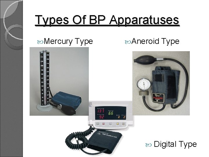 Types Of BP Apparatuses Mercury Type Aneroid Type Digital Type 