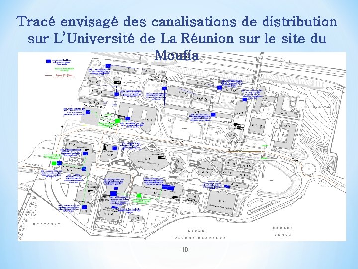 Tracé envisagé des canalisations de distribution sur L’Université de La Réunion sur le site