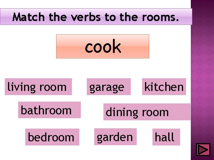 Match the verbs to the rooms. cook living room bathroom bedroom garage kitchen dining
